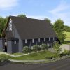 A 3D rendering of a modern church building with a gray exterior, tall tower, and cross on top
