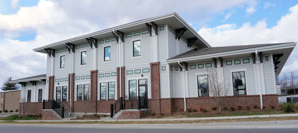 Modern commercial building architecture in Nashville with brick exterior and contemporary design